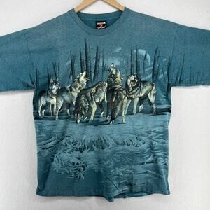 HABITAT XCIV Shirt Mens L Howling Wolves 90s Single Stitch Cotton Blend Blue VTG